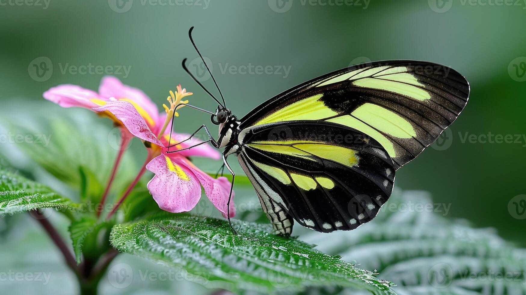 Close up of a Yellow and Black Butterfly on a Pink Flower in a Lush Garden photo