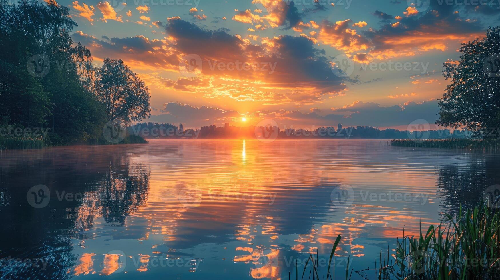 Serene Sunset over Calm Lake Golden Hour Sky Reflection Tranquil Nature Scene photo