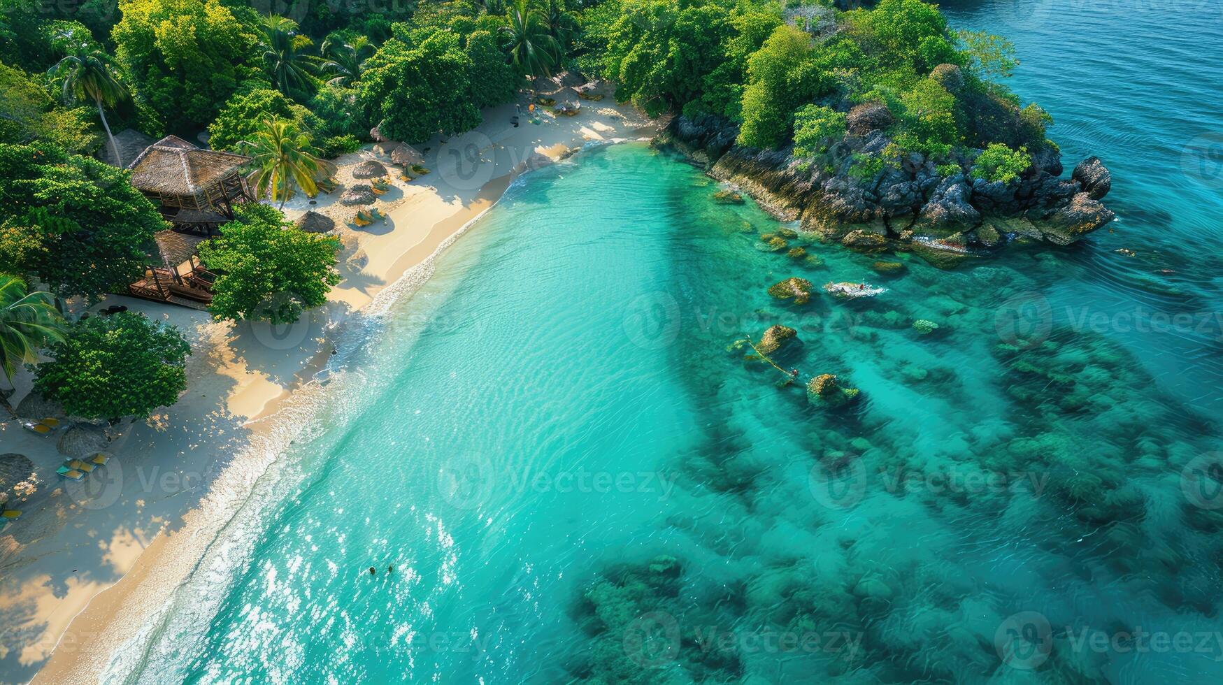 Aerial View of Tropical Beach Turquoise Water White Sand Lush Green Vegetation photo