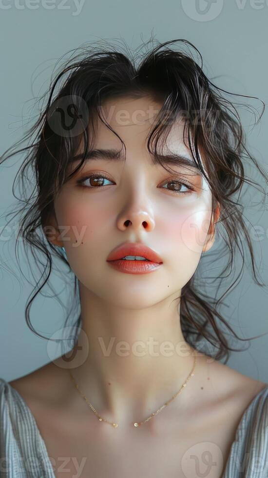 Beautiful Young Woman with Dark Brown Hair and Delicate Gold Necklace Portrait photo