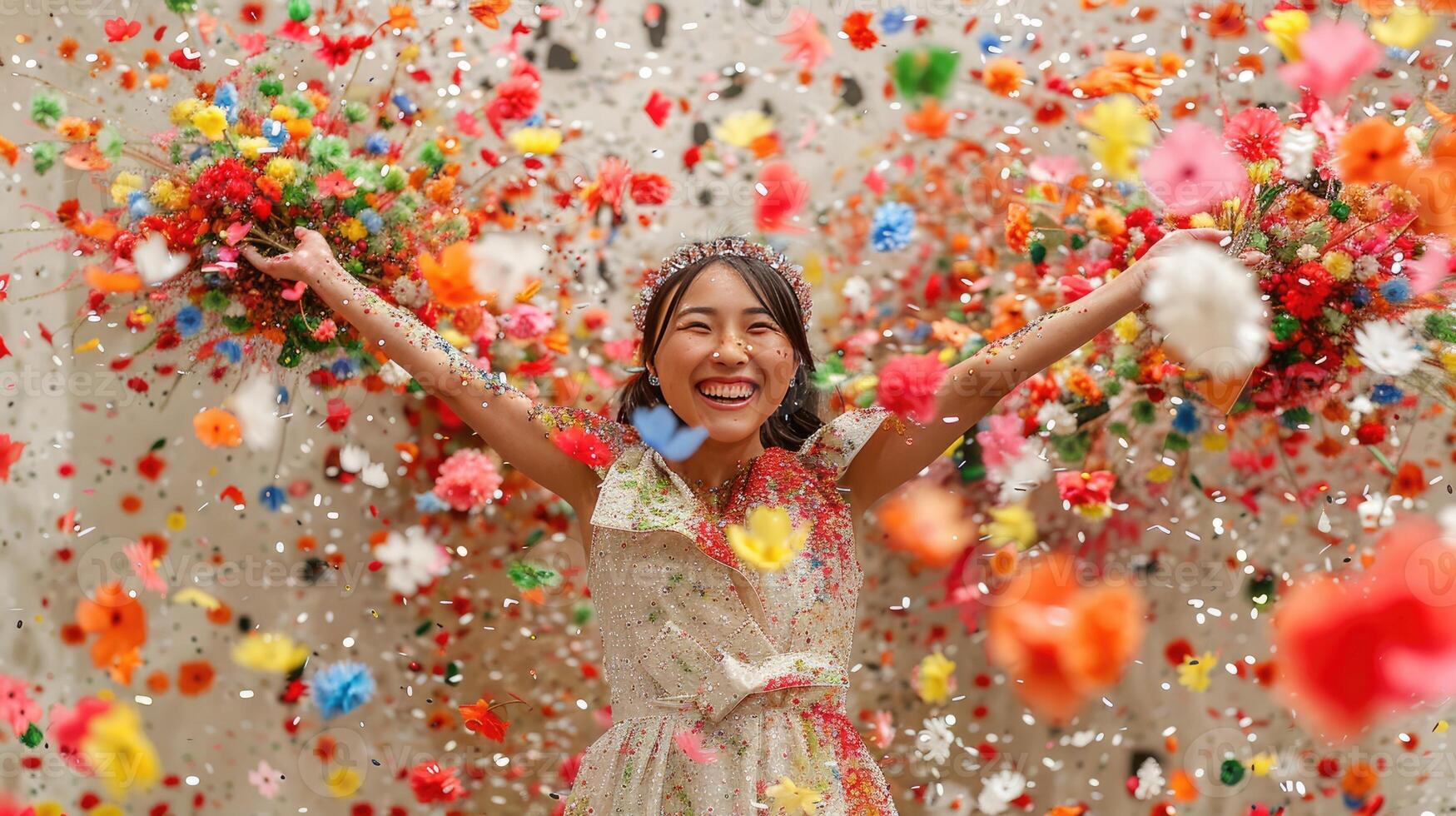 Joyful Young Woman in Flowery Dress Amidst Colorful Confetti and Flowers photo