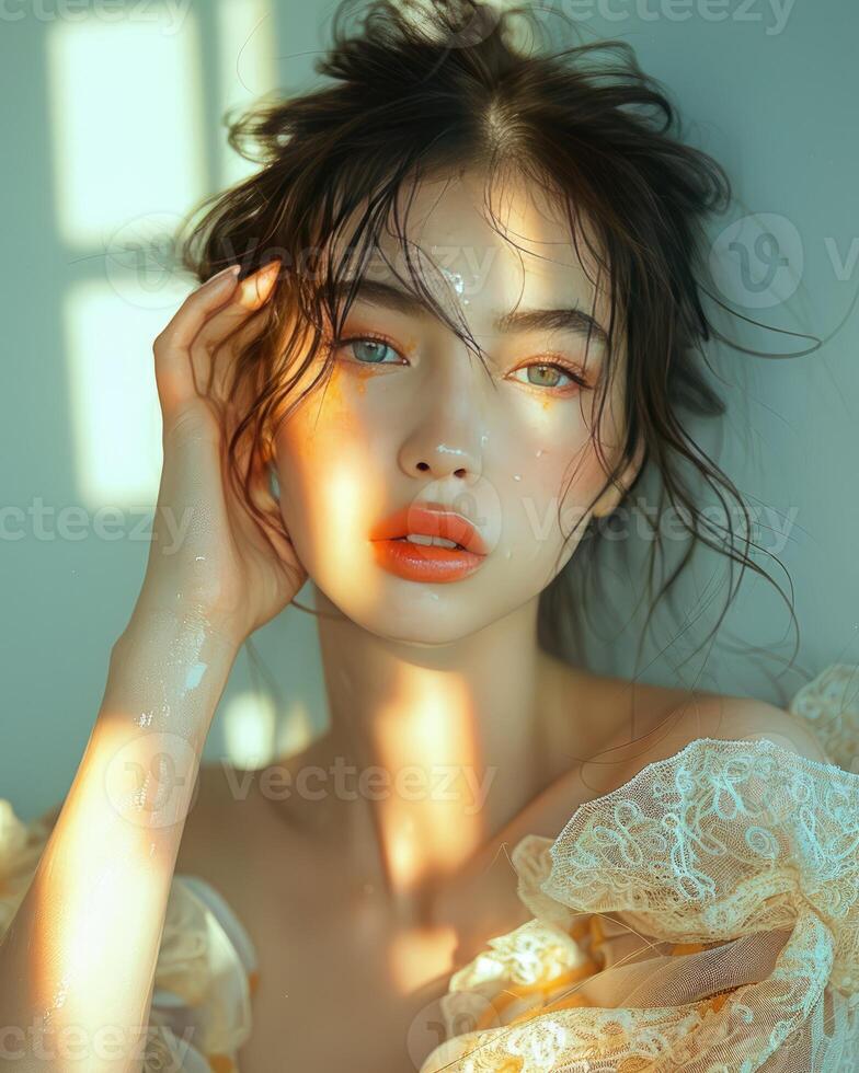 Radiant Young Woman with Wet Hair Soft Makeup and Lace Dress in Sunlit Room photo