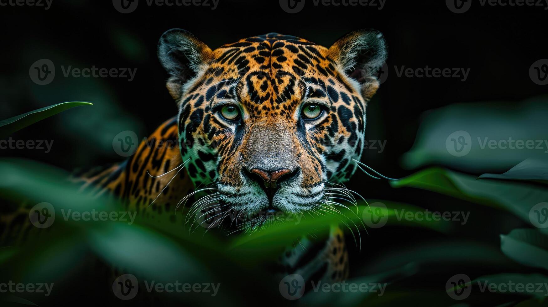 Majestic Jaguar in Lush Rainforest Close Up Portrait Wild Cat in Green Foliage photo
