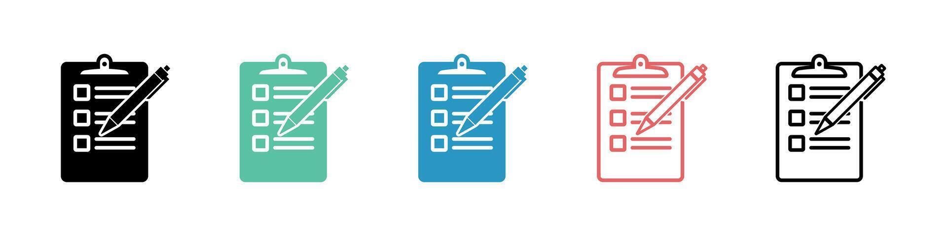 Set of Multicolored Checklist Icons Featuring Clipboards and Pencils in Flat Style vector