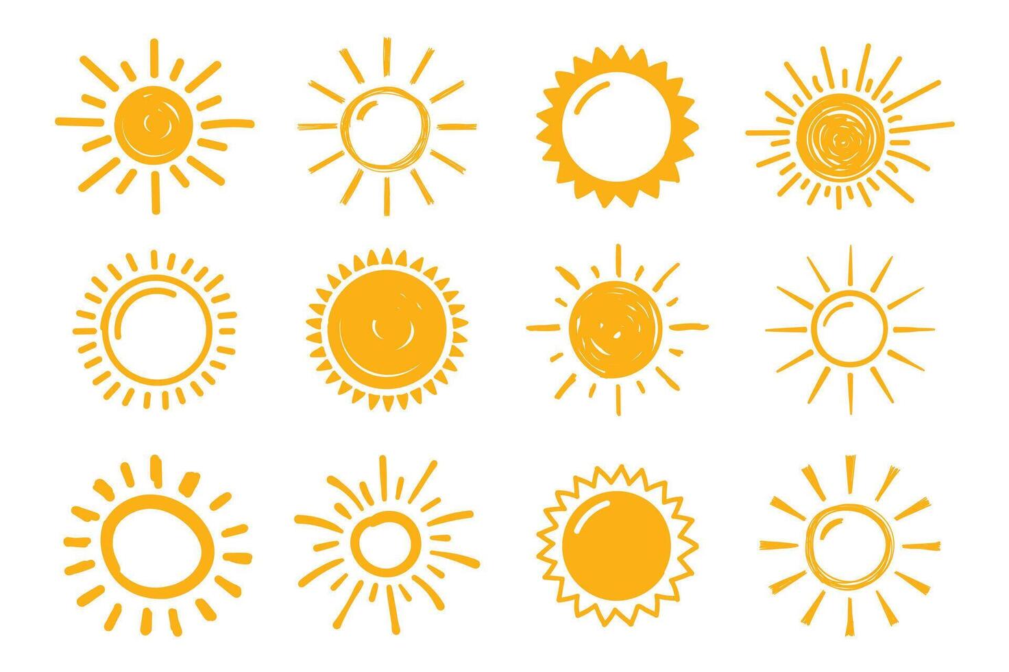 12 Hand drawn suns on white background vector