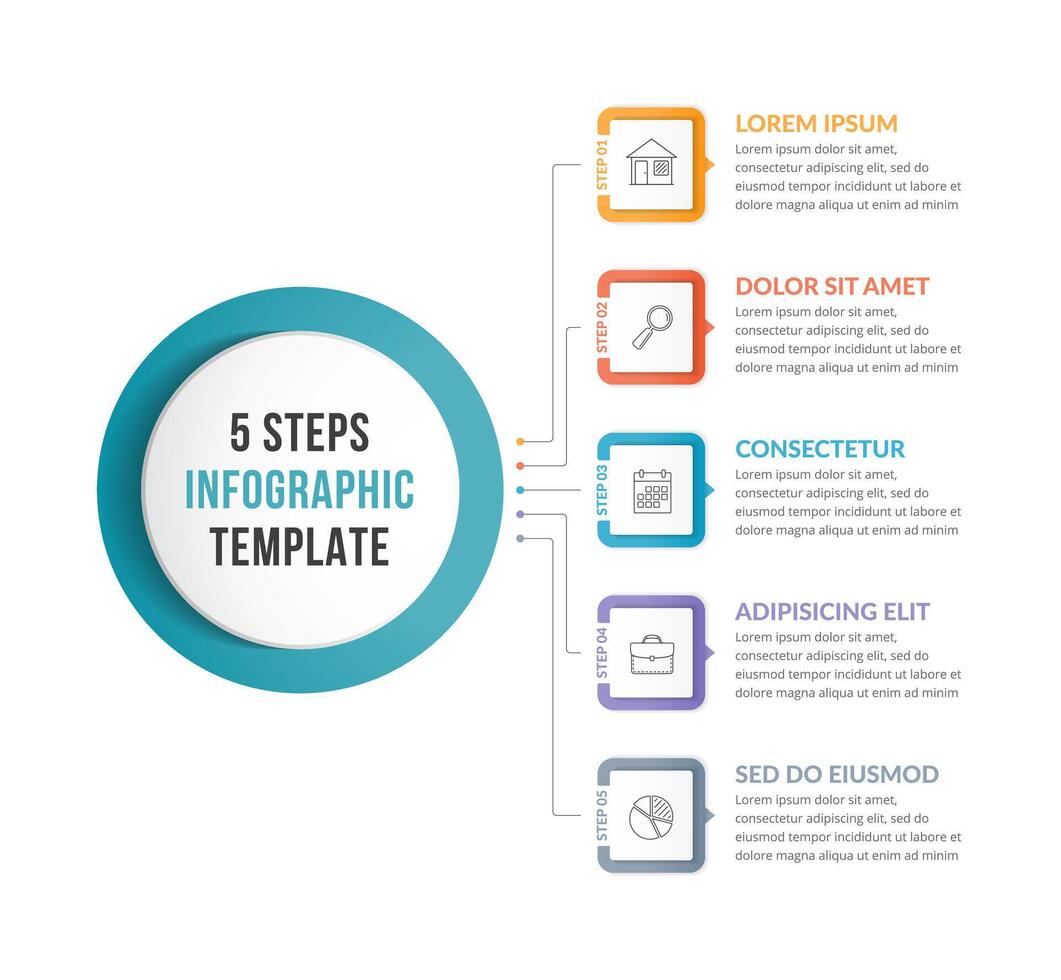 Infographic template with main idea and 5 steps or options, workflow or process chart vector