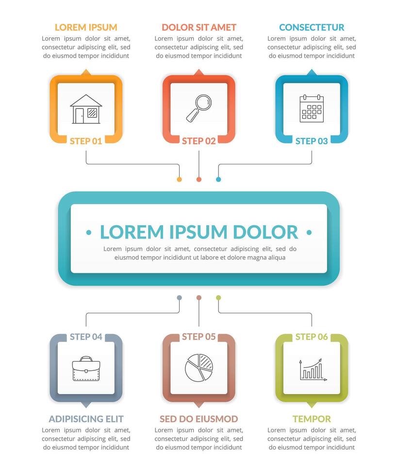 Infographic template with main idea and 6 steps or options, workflow, process chart vector