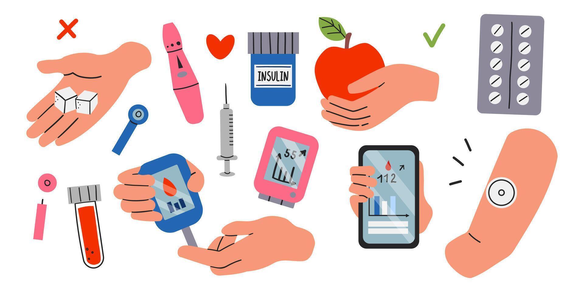 Diabetes management concept set. Collection of people check and monitor blood sugar level with glucometer, insulin pump, glucose monitors. Hands hold various diabetes devices. illustration vector