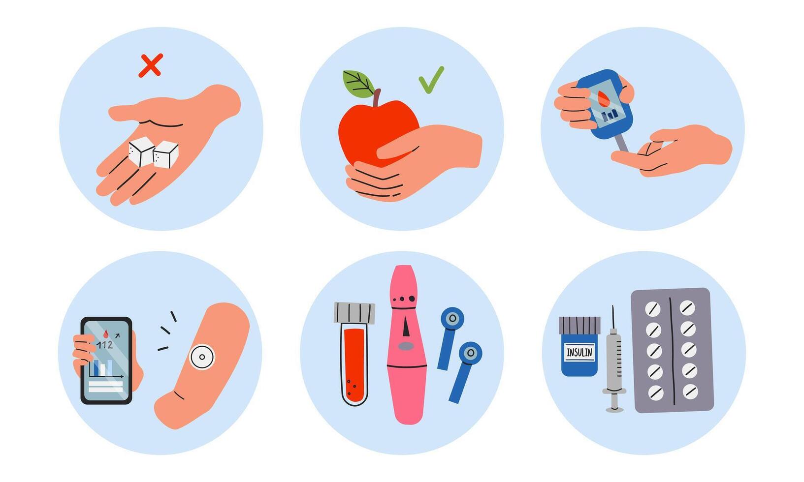 Diabetes management concept stickers set. Collection of people check and monitor blood sugar level with glucometer, insulin pump, glucose monitors. Hands hold various diabetes devices. vector