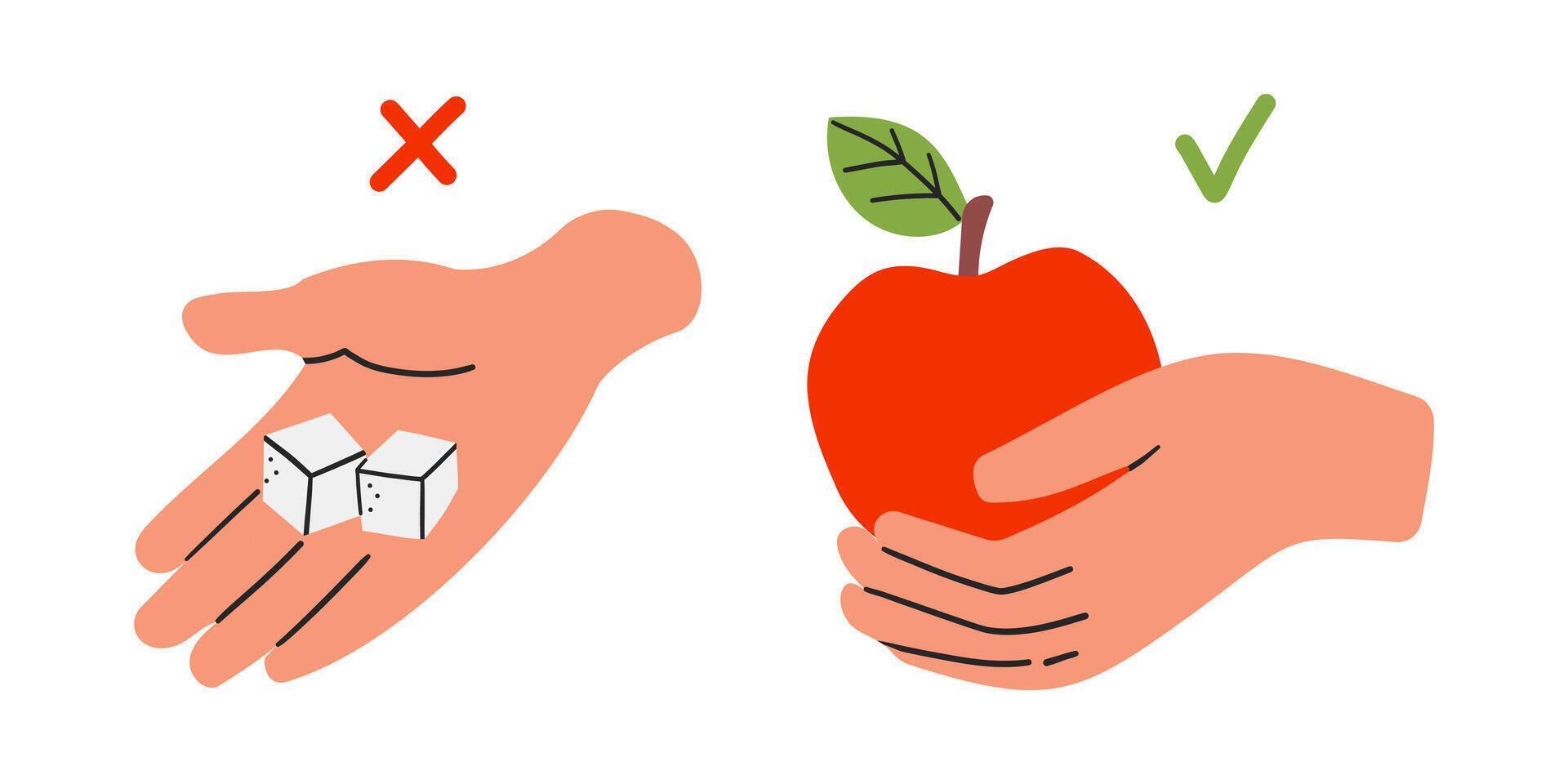 Diabetes composition with icons with apple and sugar doodle human hands illustration .Healthy life .No sugar vector