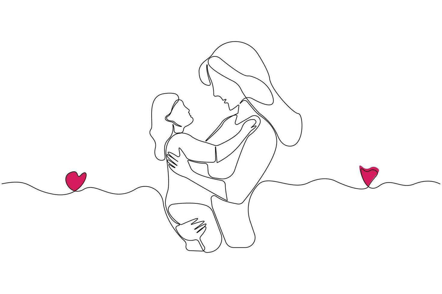 Mother holding her baby continuous line art drawing. Happy Mother's Day concept background. vector