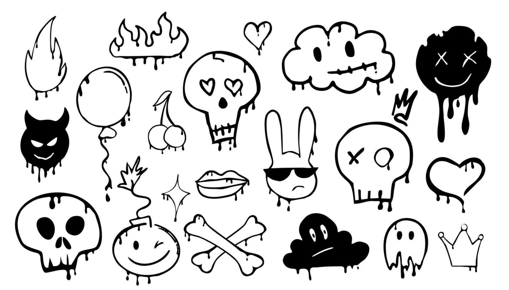 Graffiti Gangster tattoo elements, paint splash, spray. Heart face, skull set. Doodle gunge groovy print crown, cherry, scary kit,. vector