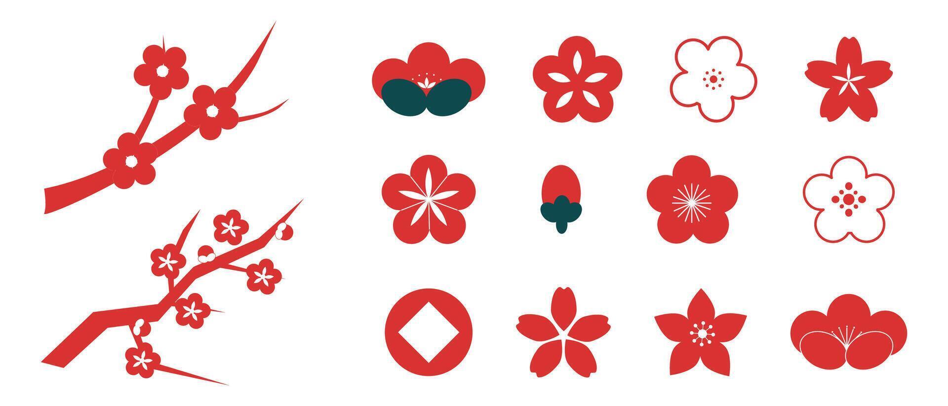 Sakura red cherry flower blossom, simple silhouette petal. Spring pretty eastern decoration. vector