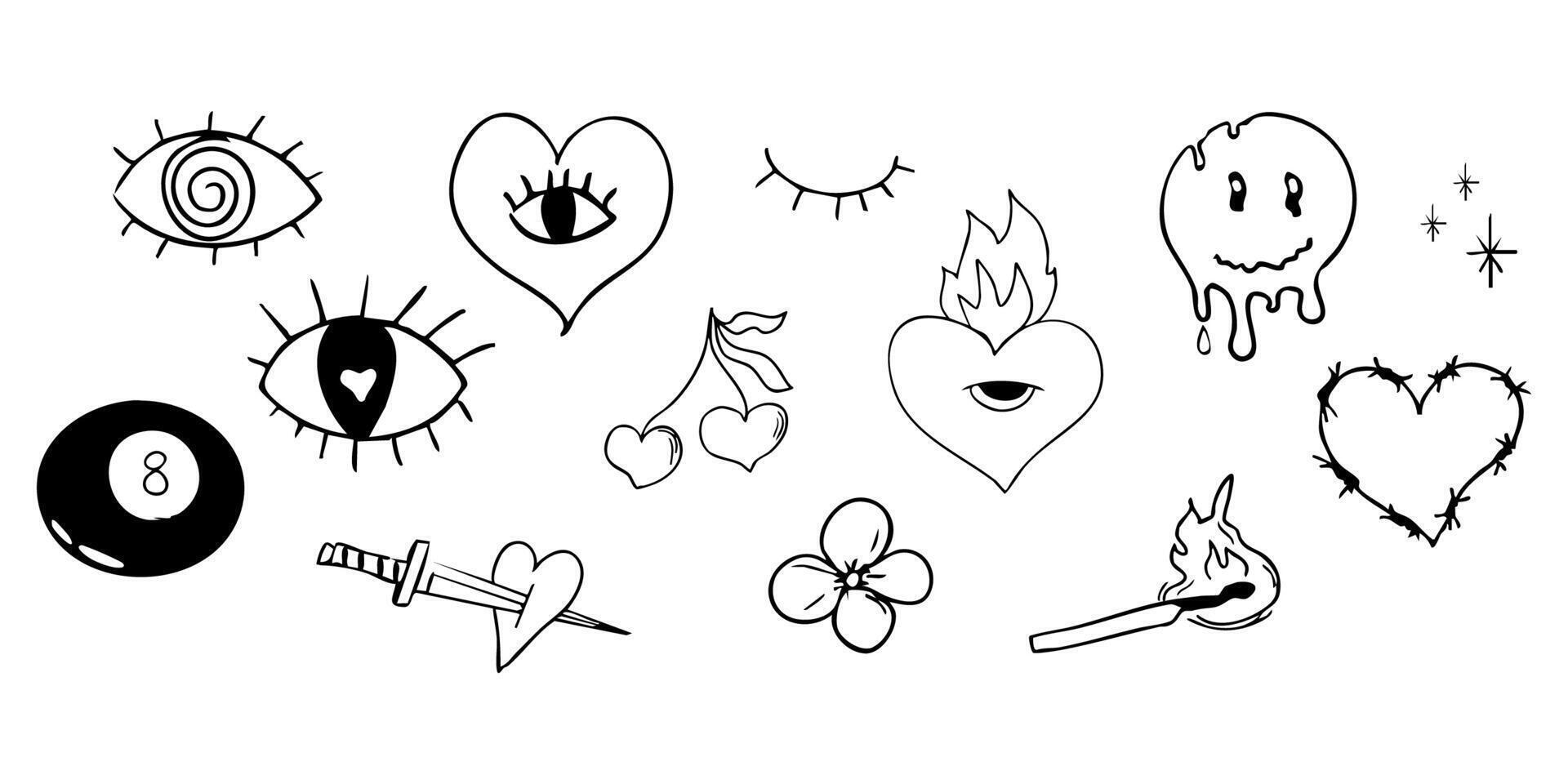 Psychedelic doodle heart barbed wire, with fire nd eye, graffiti groovy set. Retro tattoo grunge lucky ball, disko ball. Street sketch skull and fire vintage aesthetic. vector