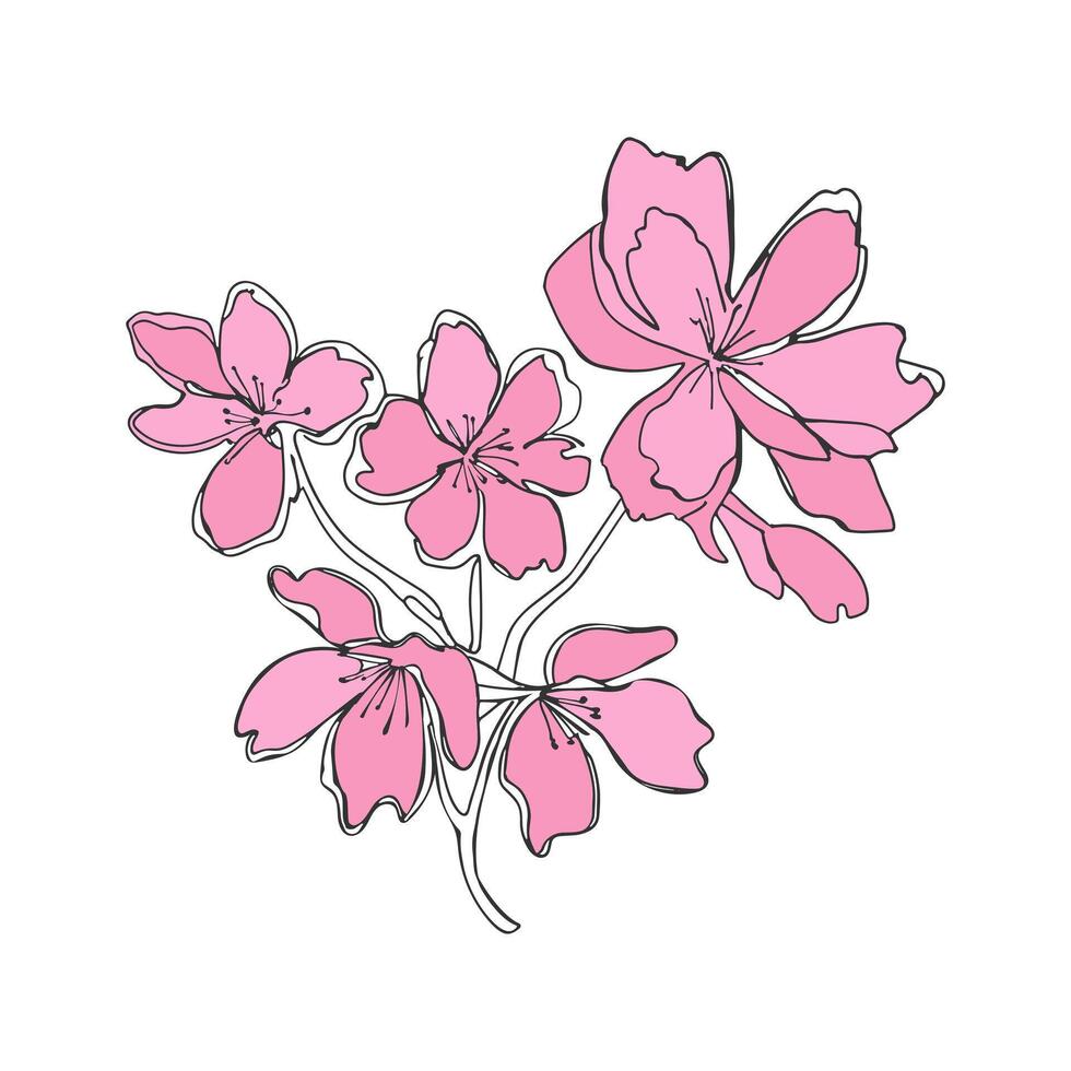 Pink Flowers doodle, stylized contour abstract drawing, summer vibe, outline sketch, isolated on white background. vector