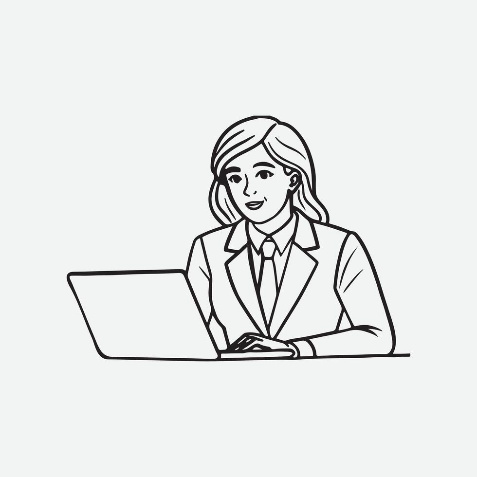 Woman working in office with laptop line art vector