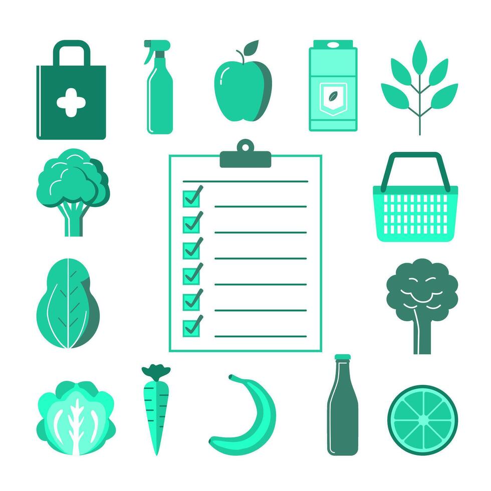 Healthy Lifestyle Shopping List and Icons for Balanced Diet and Wellness vector