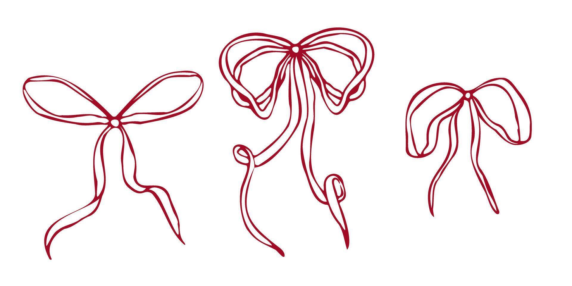 Hand drawn bows set with various shapes and ribbon styles. Minimalist red outline linear trendy sketch style. illustration for fashion, packaging, digital prints, invitation, scrapbooking, logo vector