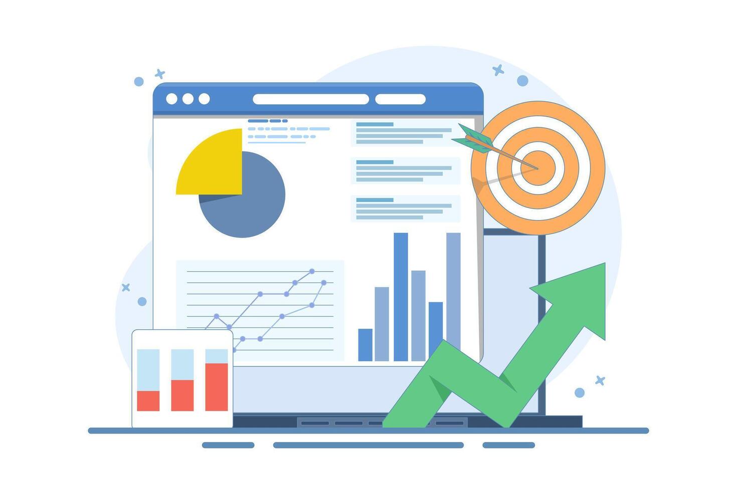 data analysis concept, Business Graph Report on Laptop computer and Target Arrow. Financial graph, Increase in profit and financial income. Business Target Marketing. Flat illustration. vector
