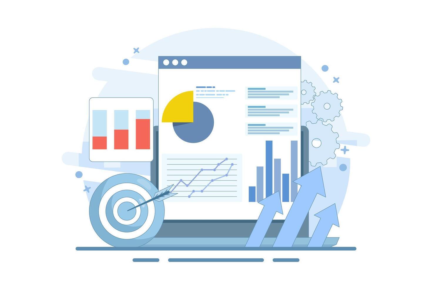 data analysis concept, Business Graph Report on Laptop computer and Target Arrow. Financial graph, Increase in profit and financial income. Business Target Marketing. cartoon design. vector