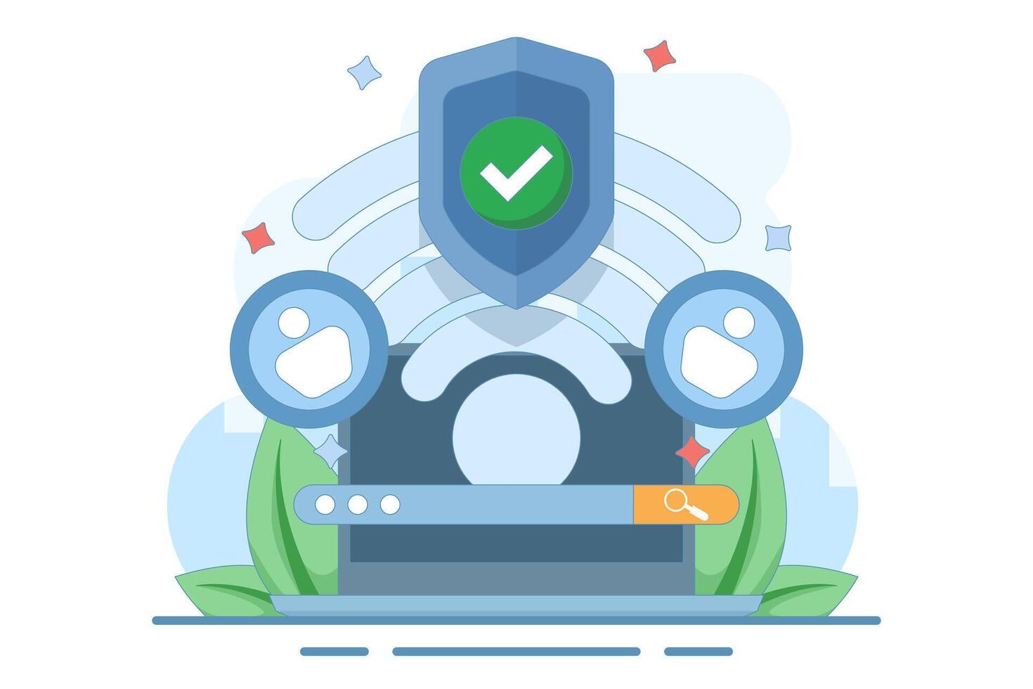 wifi network security and protection concept. wifi encryption. technology and safety. wifi signal symbol, search bar, account and shield with check mark. flat design illustration. vector