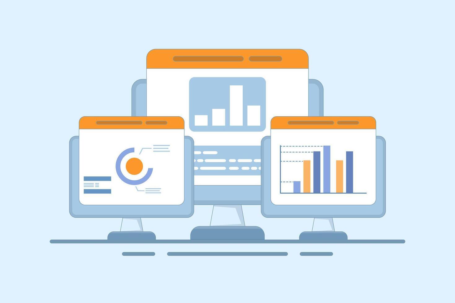 Big data analysis concept on computer, monitor with research analysis information, charts, diagrams and graphs, statistical reports, computer cloud technology. Cartoon design illustration. vector