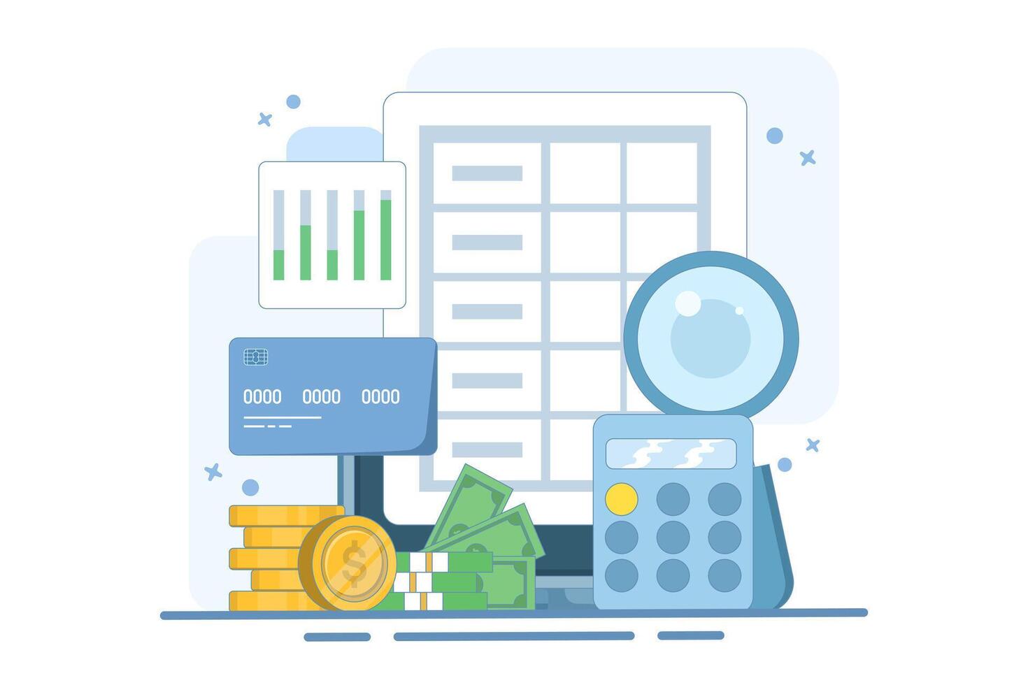 Business accounting software concept, Financial analysis, Business data integration, Tax calculation, Increasing tax payments. Flat design illustration on background. vector