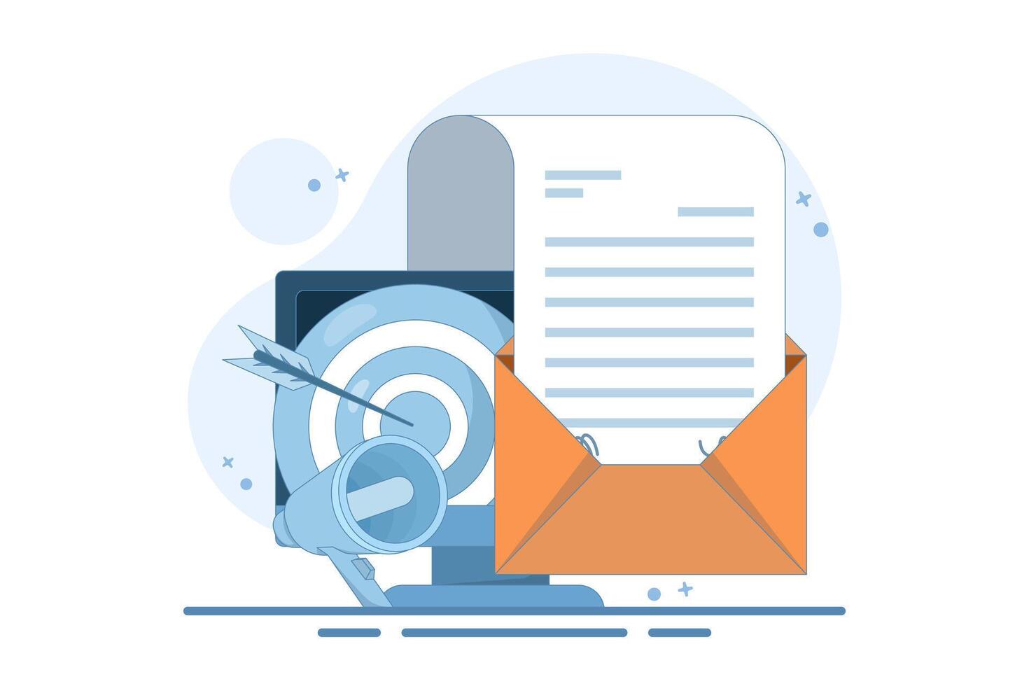 Concept of Approaching target audience using email marketing, Online business strategy, Advertising, Email newsletter, messages, marketing materials for landing pages, flat design illustration. vector