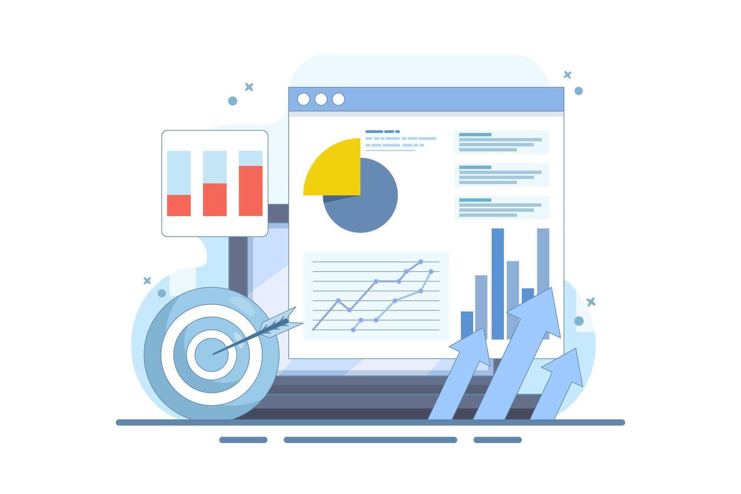 data analysis concept, Business Graph Report on Laptop computer and Target Arrow. Financial graph, Increase in profit and financial income. Business Target Marketing. Flat design illustration. vector