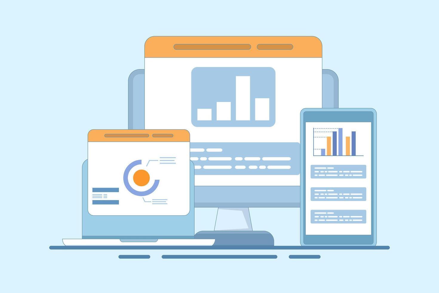 Big data analysis concept on computer, monitor with research analysis information, charts, diagrams and graphs, statistical reports, computer cloud technology. Flat cartoon design illustration. vector
