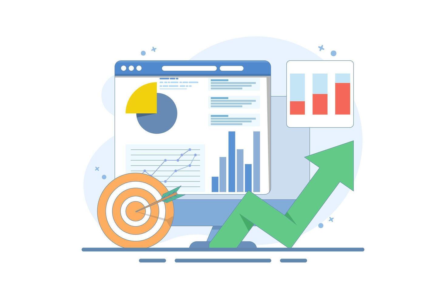data analysis concept, Business Graph Report on Laptop computer and Target Arrow. Financial graph, Increase in profit and financial income. Business Target Marketing. Cartoon design illustration. vector