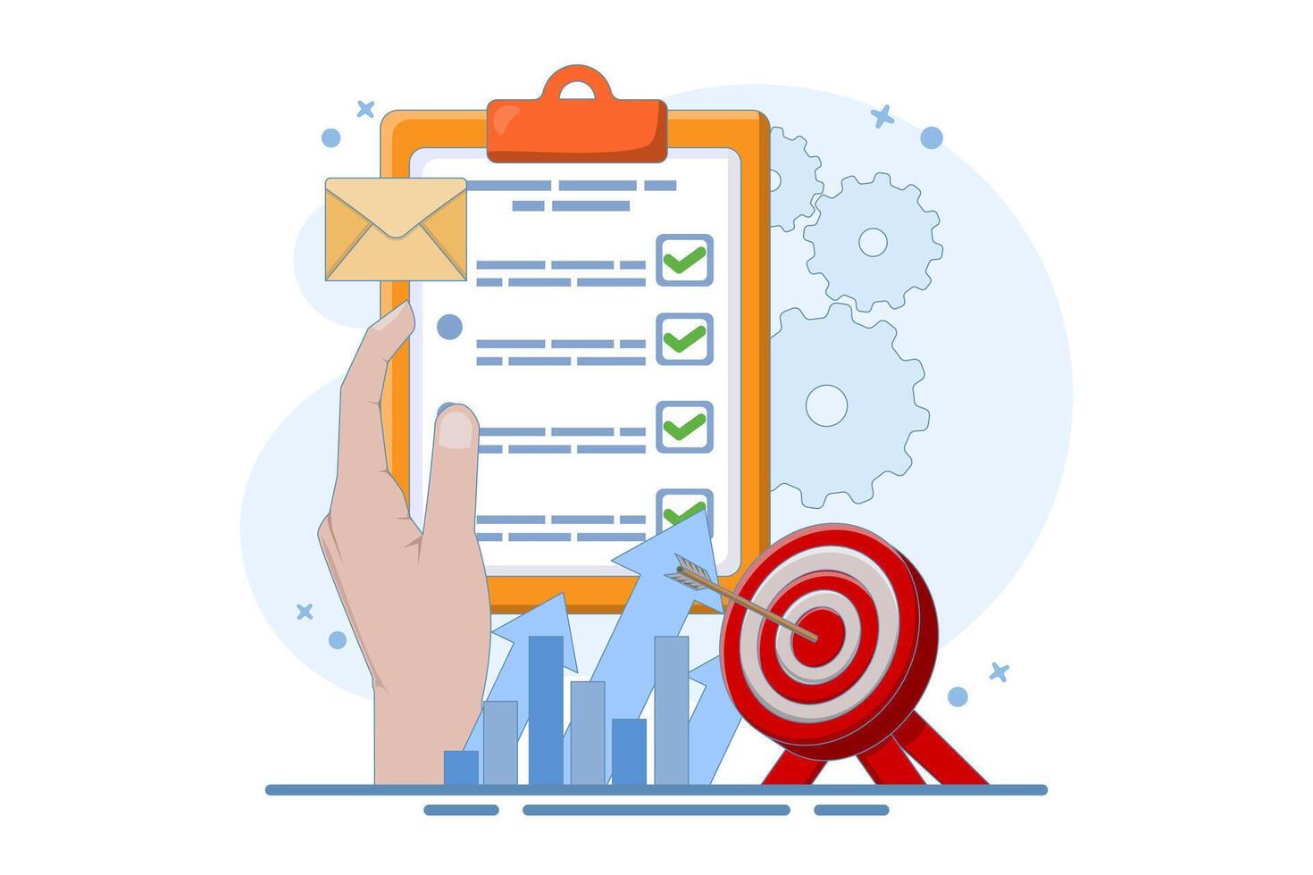 Business Target Letter Concept. Clipboard with Target Arrow. Approaching target audience using email marketing, Email newsletter, messaging, Online business strategy. Design illustration. vector