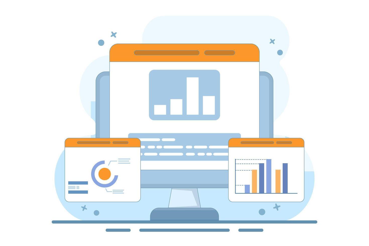 Big data analysis concept on computer, monitor with research analysis information, charts, diagrams and graphs, statistical reports, computer cloud technology. Flat design illustration. vector