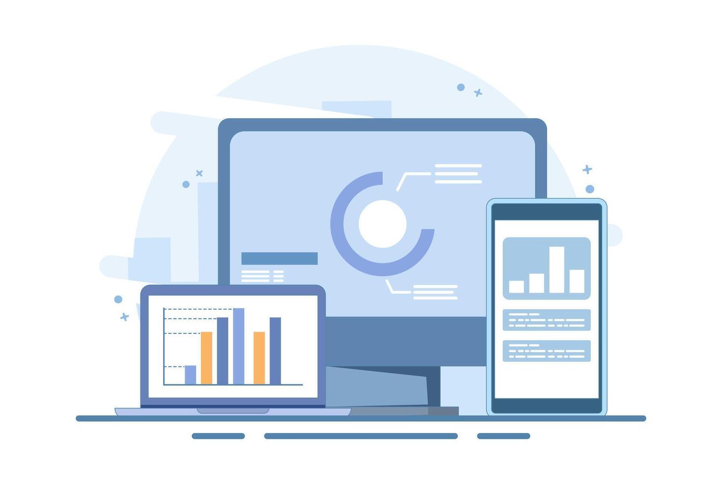 Big data analysis concept on computer, monitor with research analysis information, charts, diagrams and graphs, statistical reports, computer cloud technology. Flat design illustration on background. vector