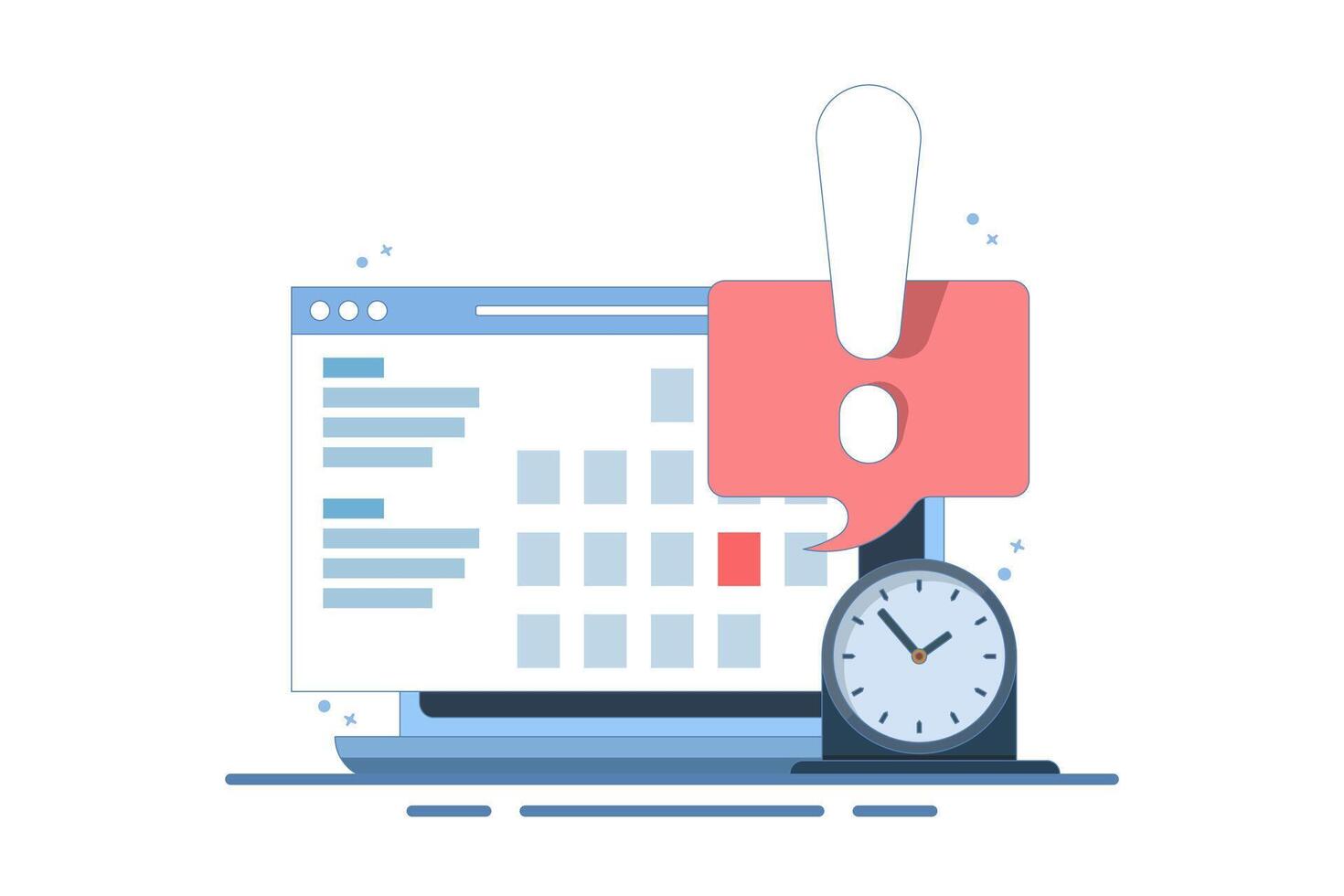 Computer Concept with calendar, deadline list, notes, online notification on website as reminder of important event, electronic or digital internet on laptop, modern notes. Flat illustration. vector