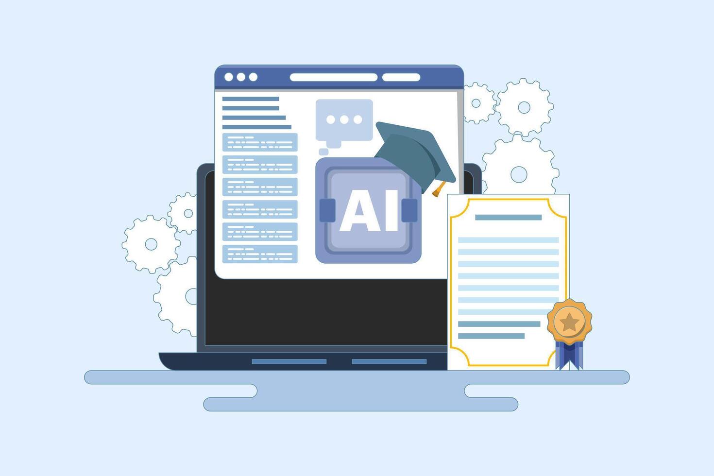AI certification course concept, AI course, online certification, online education, artificial intelligence learning. flat design illustration with icons on background. vector