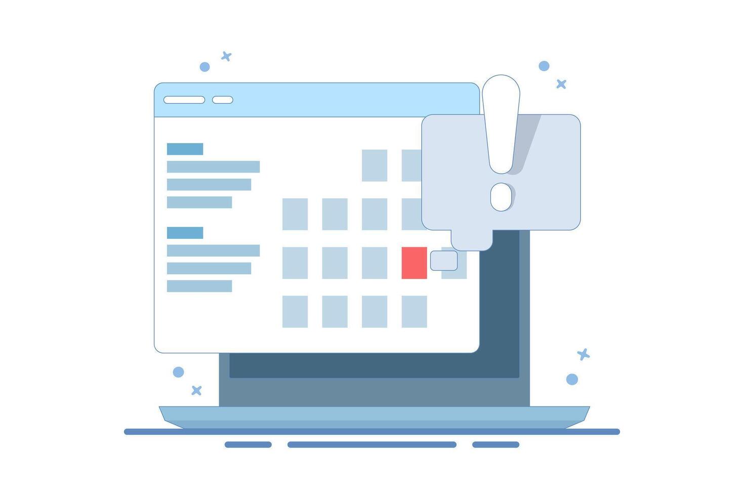 Computer Concept with calendar, deadline list, notes, online notification on website as reminder of important event, electronic or digital internet on laptop, modern notes. Flat design illustration. vector