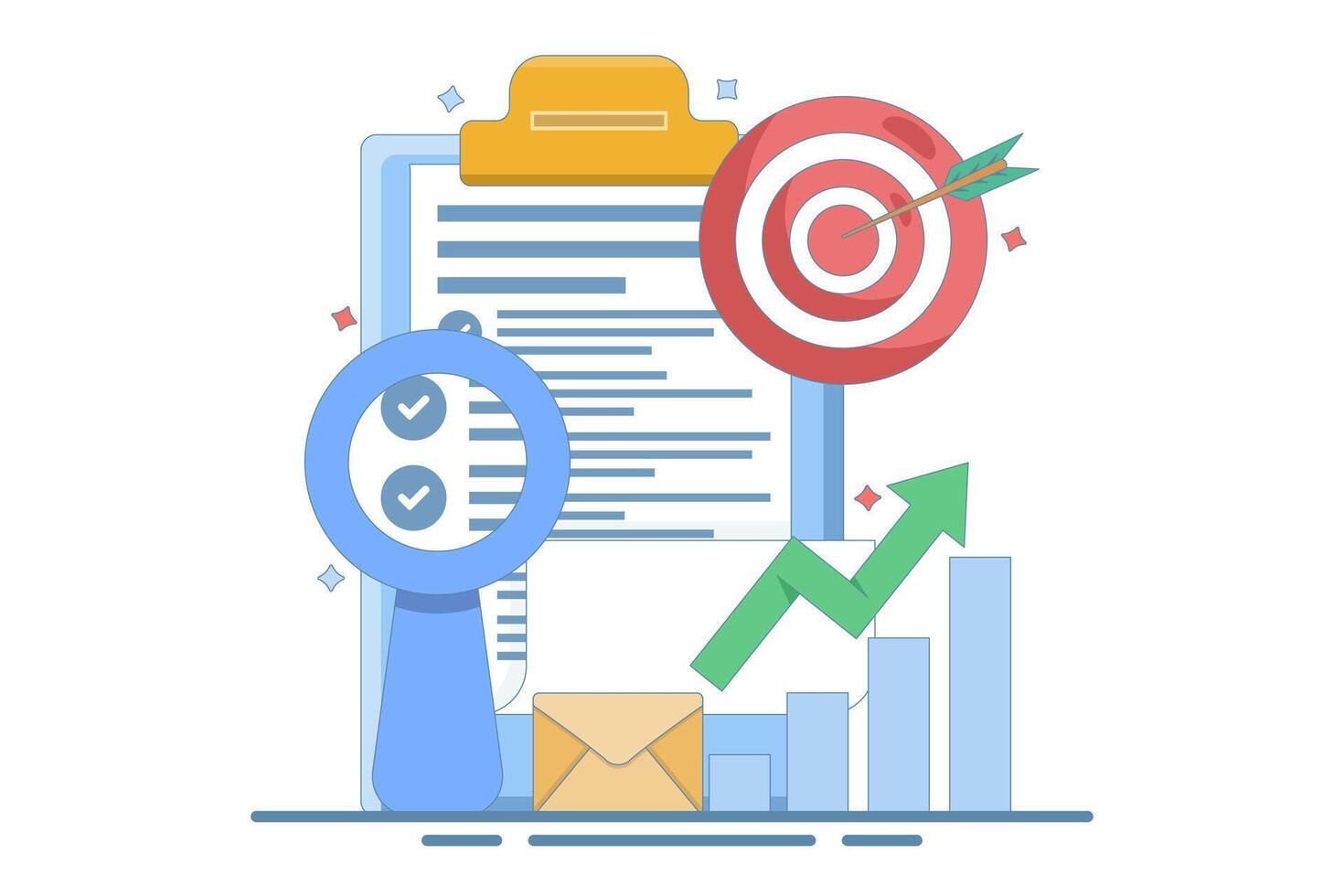 Business Target Letter Concept. Clipboard with Target Arrow. Approaching target audience using email marketing, Email newsletter, messaging, Online business strategy. flat design. vector