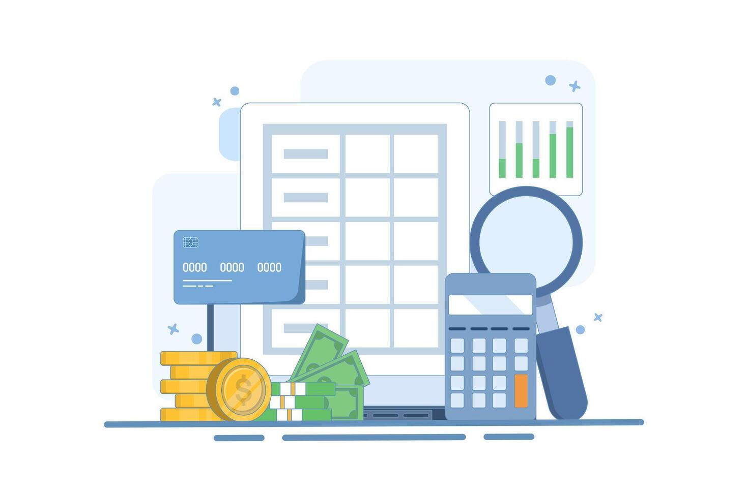 Business accounting software concept, Financial analysis, Business data integration, Tax calculation, Increasing tax payments. Design illustration with background icon. vector