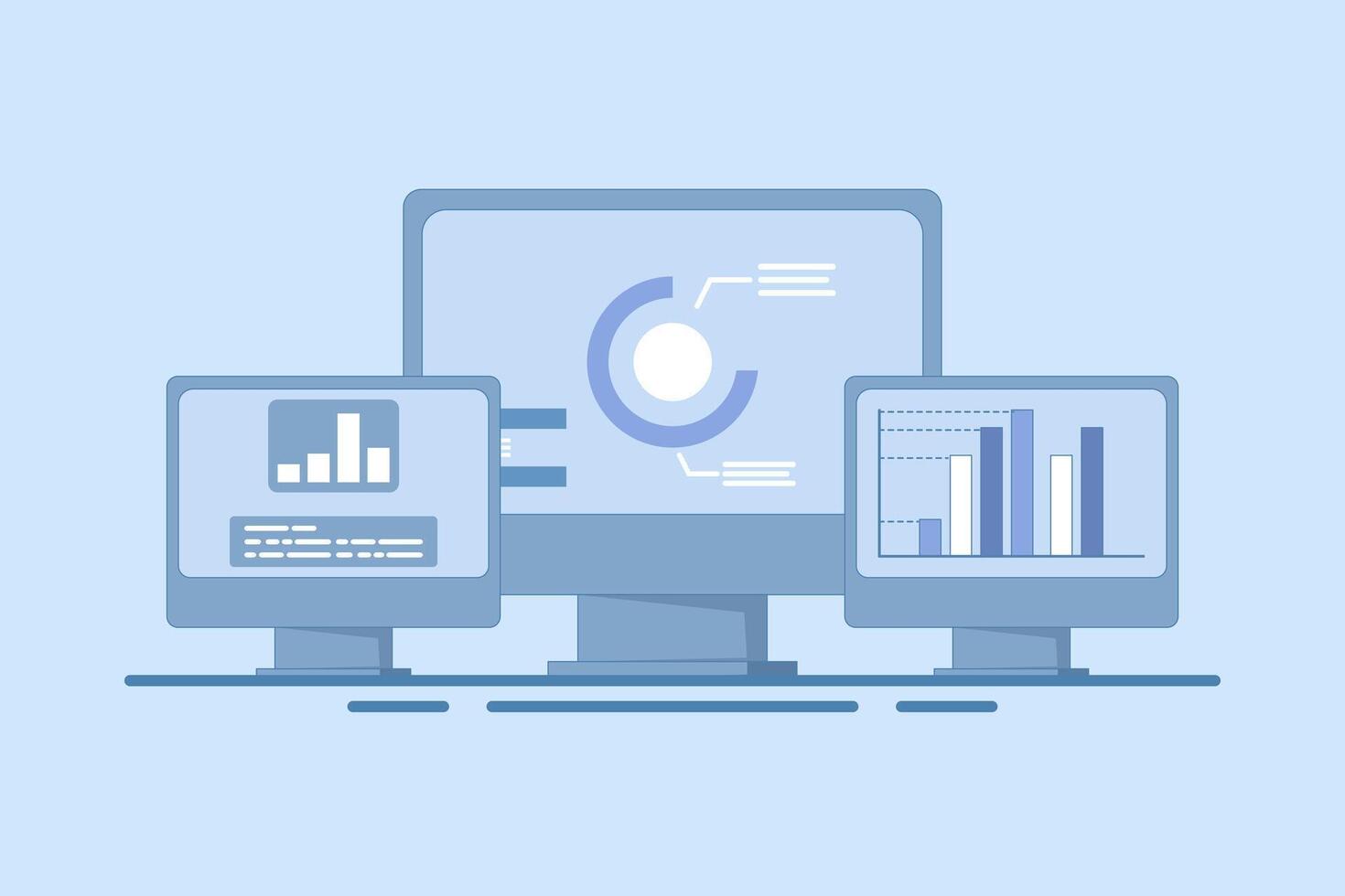 Big data analysis concept on computer, monitor with research analysis information, charts, diagrams and graphs, statistical reports, computer cloud technology. Flat illustration on background. vector