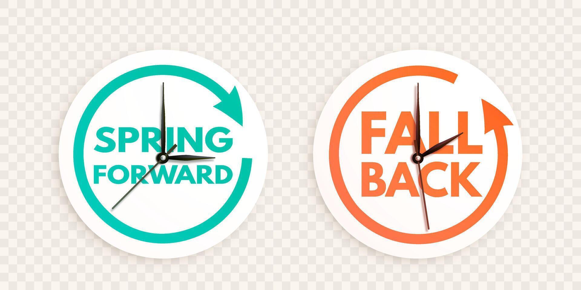 Spring Forward and Fall back stickers. Daylight saving time ends. Realistic 3d clock hands moving ahead and backward one hour vector