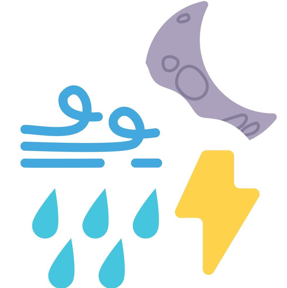 A cartoon of a rainstorm, a moon and a lightning bolt at night vector