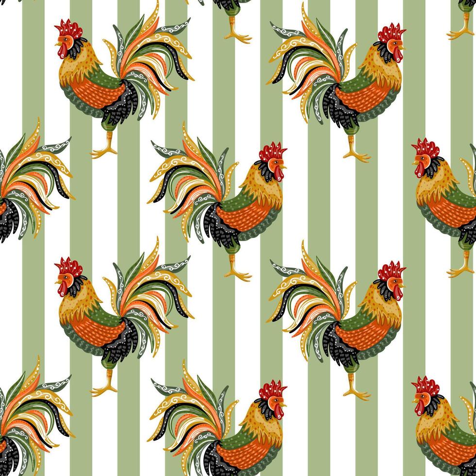Rooster Seamless Pattern Design with Green and White Stripes Background vector