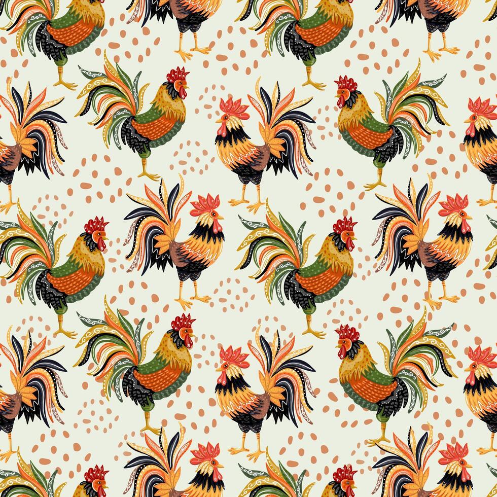 Rural Seamless Pattern Design with Colorful Roosters Fabric Wrapping Paper Textile vector