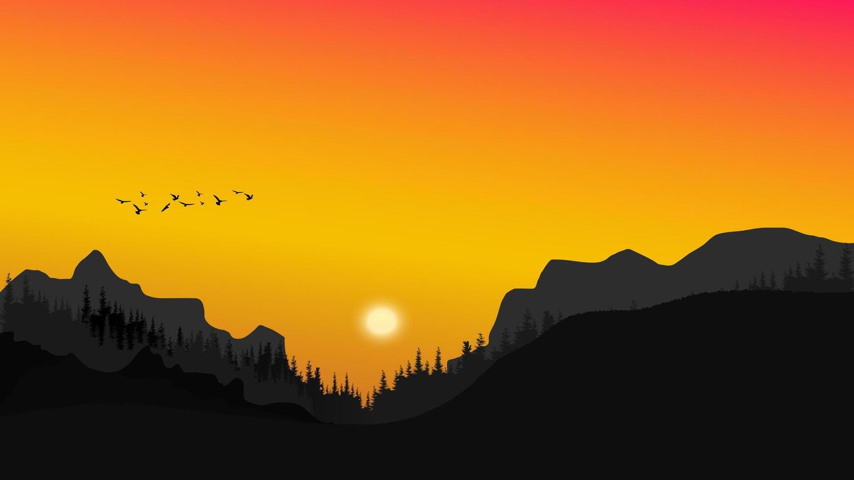 Scenic sunset over mountain landscape with flying birds and pine trees silhouettes vector