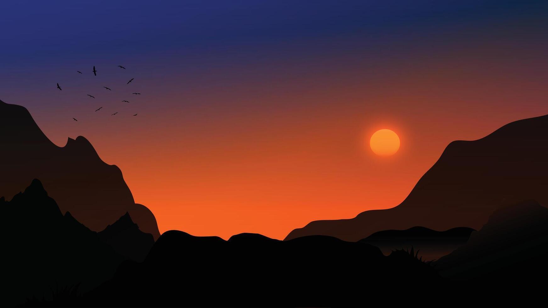 Drawing graphics The sun sets behind the mountains, painting the sky with golden hues of serenity illustration vector