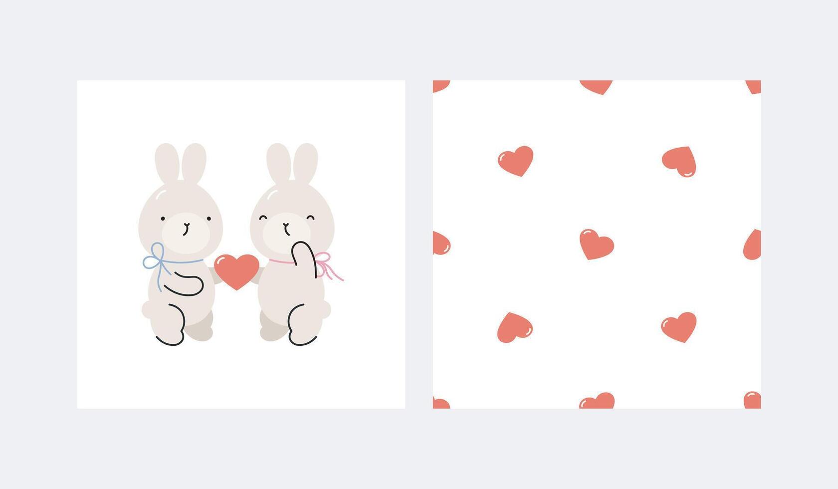 Print with cute rabbits and seamless pattern with hearts. Cartoon flat style. Valentine's day design. illustration. For cards, posters, banners, printing on the pack, clothes, fabric. vector