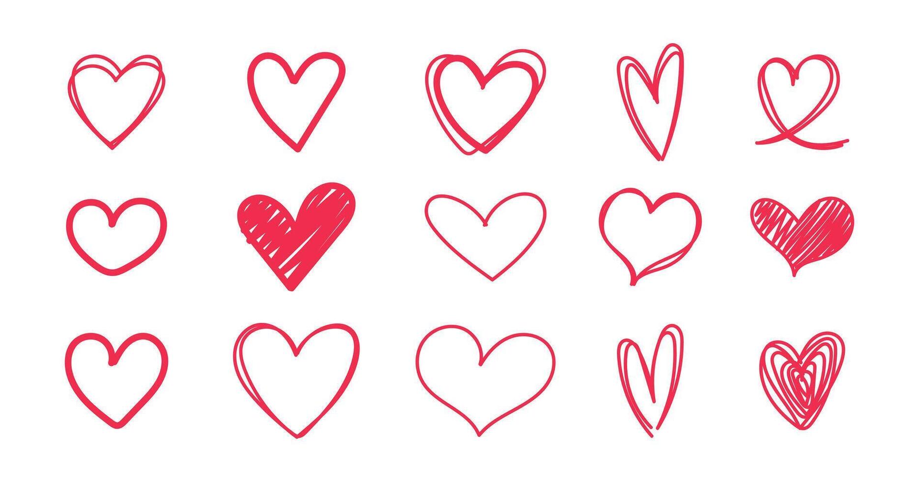 Doodle hand drawn red heart collection vector