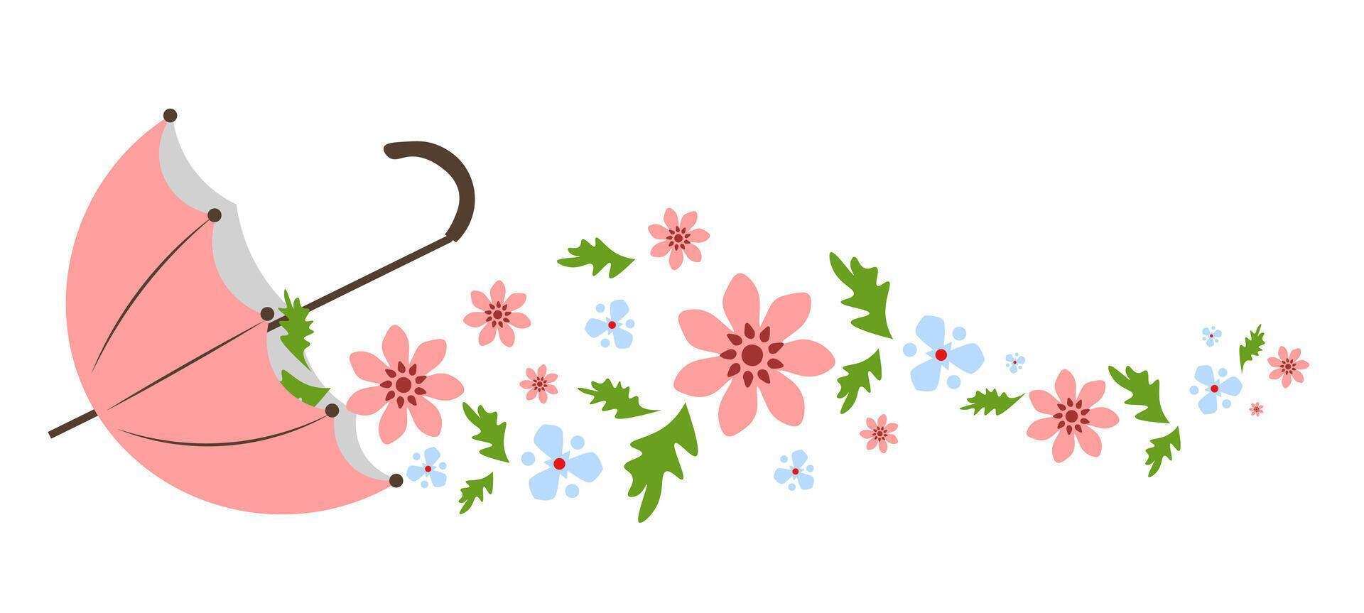 Umbrella with pink and blue flowers on a white background. Greeting Card vector
