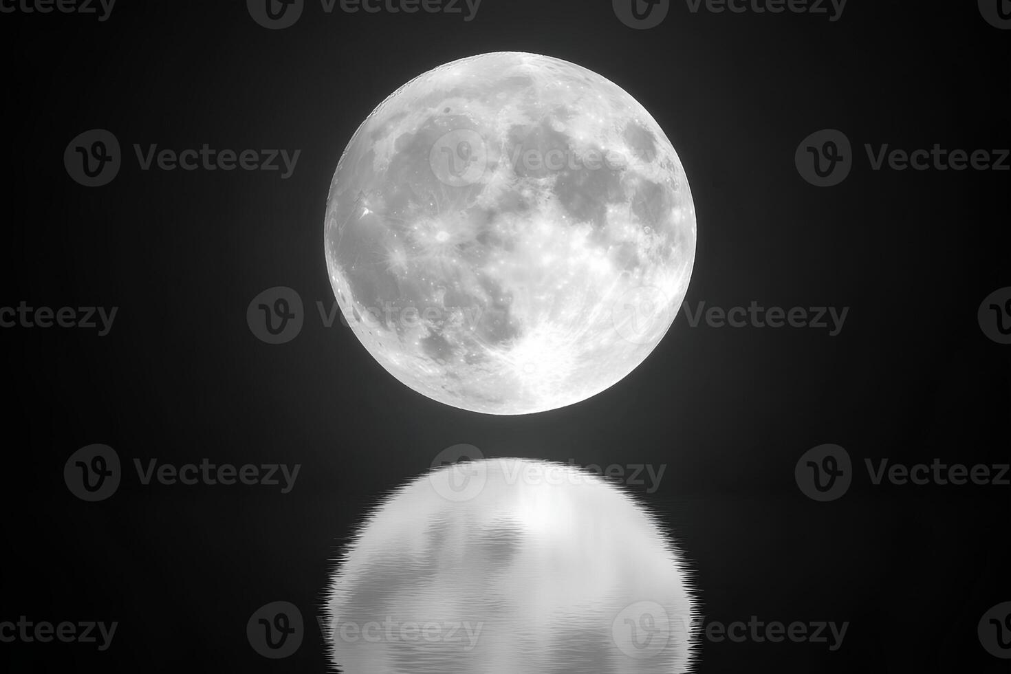 A striking black and white image of a full moon reflected in calm water, creating a serene and mystical atmosphere photo